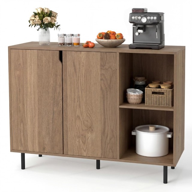 Costway Ξύλινος μπουφές με 4 χώρους, 2 πόρτες και ρυθμιζόμενα ράφια, φυσικό, 80 x 106 x 38 cm JV13205NA