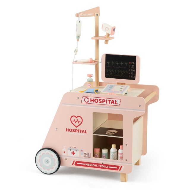 Costway Ξύλινο Ιατρικό Καροτσάκι Ρόλων με Σαρωτή CT & Στηθοσκόπιο - Παιδικό Σετ Γιατρού Ροζ TM10210PI