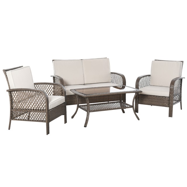 Σετ Έπιπλα εξωτερικού χώρου Outsunny σε PE Rattan Brown, Τραπέζι σαλονιού εξωτερικού χώρου, Σετ καρέκλες και καναπέ 4 τμχ με επικαλυμμένα μαξιλάρια - Χακί 860-127