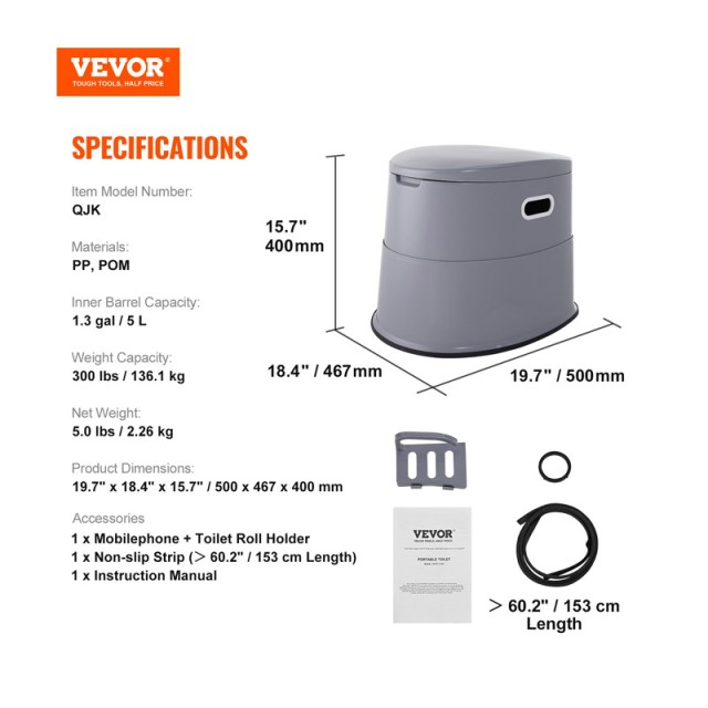 Φορητή Χημική Τουαλέτα 5 Lt 500 x 467 x 400 mm VEVOR MTSBXSMT300BBWUTFV0