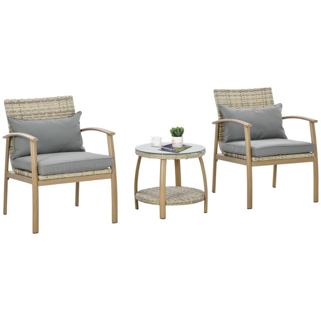 Outsunny Rattan Garden Lounge με 2 πολυθρόνες με μαξιλάρια και γυάλινο τραπέζι, καφέ και γκρι 863-125V00LR