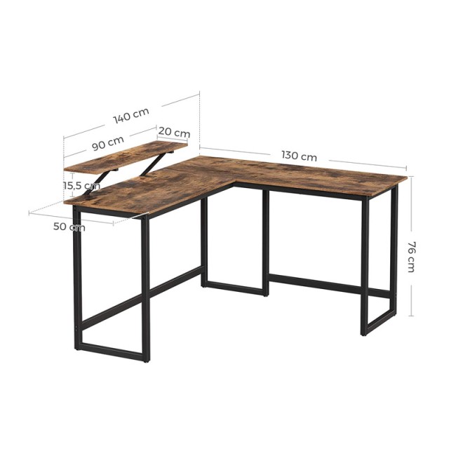 Γωνιακό Μεταλλικό Γραφείο 140 x 130 x 76 / 91.5 cm Χρώματος Σκούρο Καφέ VASAGLE LWD56X
