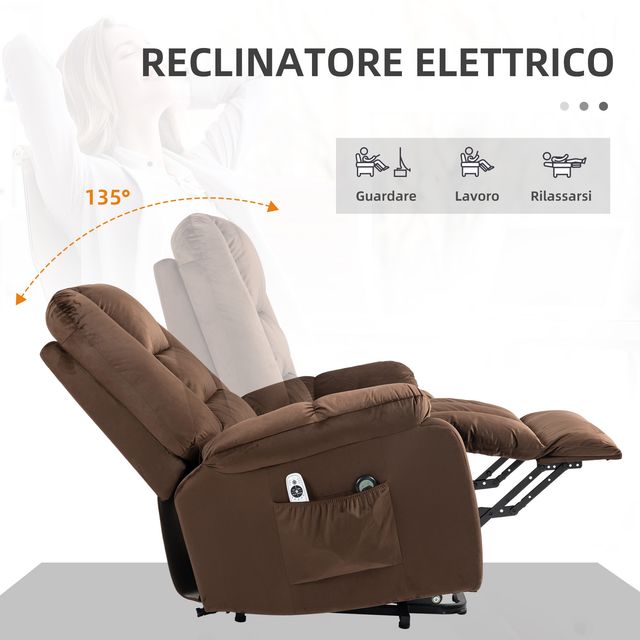 HOMCOM Relaxing Lift Chair, Ανακλινόμενη, Μασάζ και Θερμαινόμενη σε Βελούδινο, Καφέ 713-160V90DR
