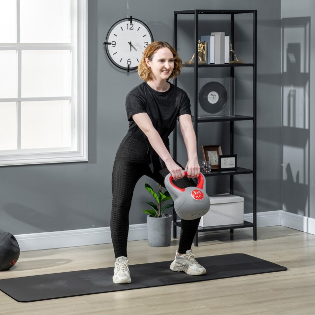 SPORTNOW Kettlebell 14kg σε PU και Sand με επίπεδη βάση και λαβή για Deadlifts, Squats και Lifts, 26x18x32 cm, Κόκκινο A91-255V06RD