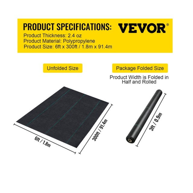 Ύφασμα Εδαφοκάλυψης Πολυπροπυλενίου Βαρέως Τύπου 80 g/m² 1.8 x 91.4 m VEVOR ZZZP6X300YCFCB001V0