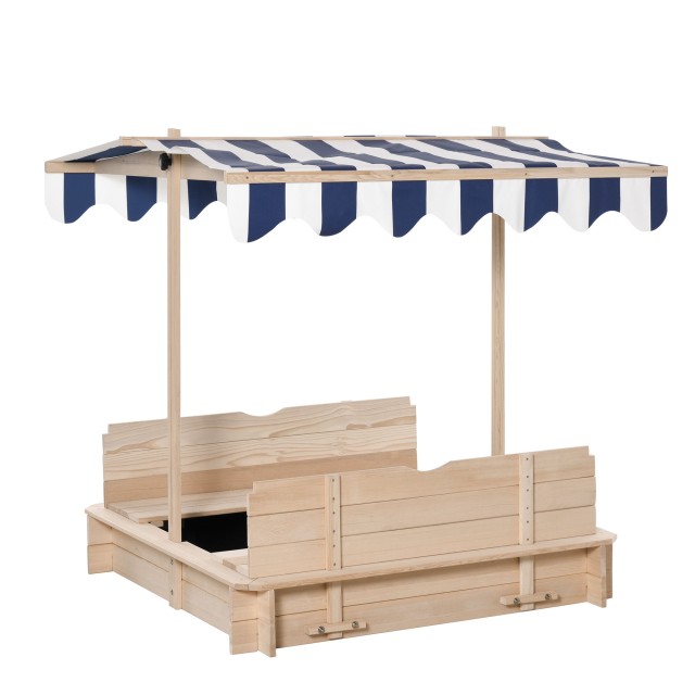Outsunny Sandpit για Παιδιά σε Ξύλο με Αντηλιακό, Πάγκο και Καπάκι, 106x106x121cm Λευκό και Μπλε 343-029