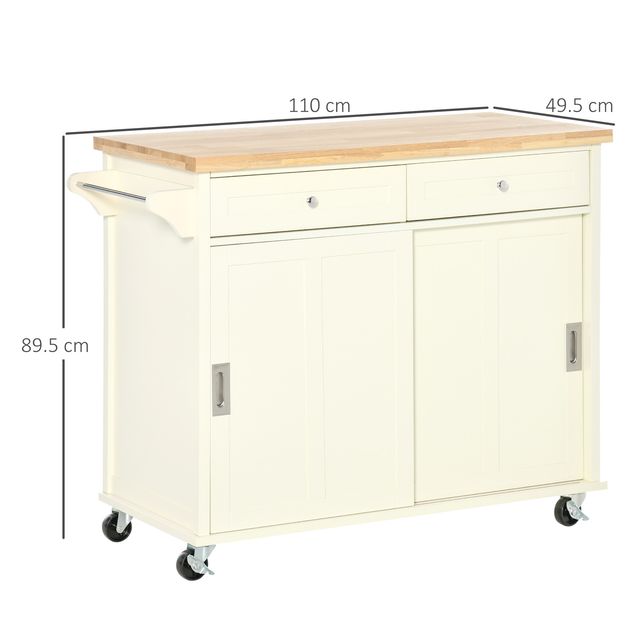 HOMCOM Kitchen Island για σκεύη και αξεσουάρ με συρτάρια, ντουλάπι και κρεμάστρα για πετσέτες, 110x49,5x89,5 cm, Λευκό 801-171