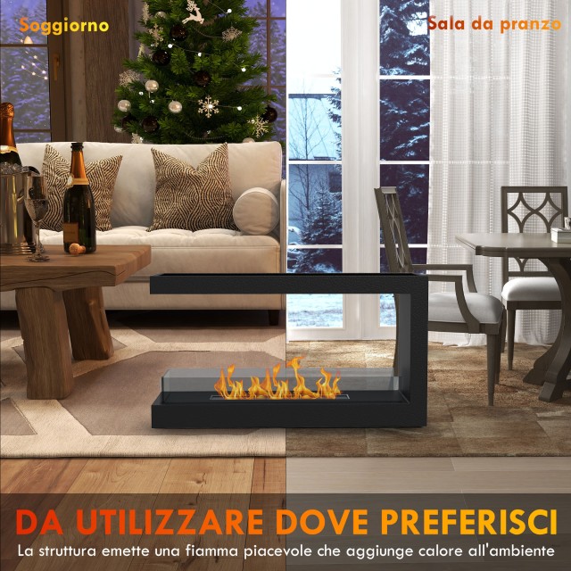 Τζάκι βιοαιθανόλης 3 όψεων HOMCOM με καυστήρα 2,4 λίτρων και χρόνο καύσης 4 ωρών, Κάλυψη 30㎡, 100x30x55cm, Μαύρο 820-373V00BK