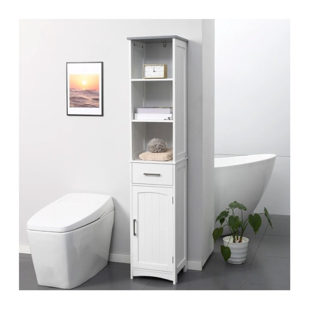 Ξύλινη Στήλη Μπάνιου με 1 Ντουλάπι 3 Ράφια και 1 Συρτάρι 34 x 30 x 163 cm Kleankin 834-364LG