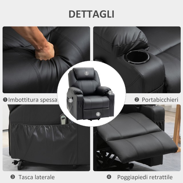 HOMCOM Lift Chair Max 135° Recliner με 8 πόντους μασάζ και στήριγμα ποδιών, 88x92x106 cm, Μαύρο 713-096BK