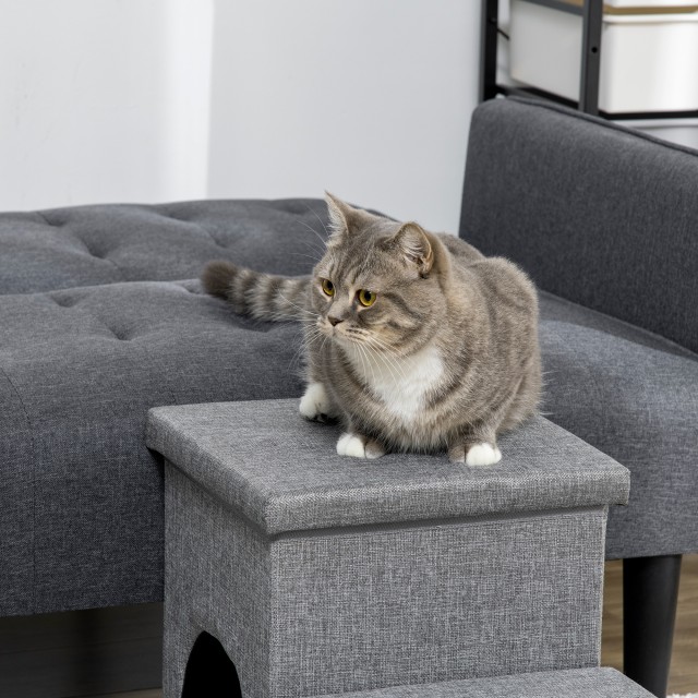 PawHut 3-Step Dog and Cat Ladder 10kg Max with Dog House and Αποθηκευτικός χώρος, 73,5x33x40,5 cm, Γκρι D06-172V00LG