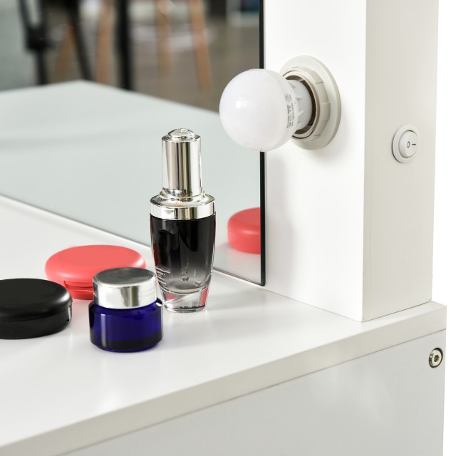 Σετ τραπεζιού μακιγιάζ Homcom με συρτάρι και σκαμπό LED 12 φώτα καθρέφτη σε λευκό ξύλο 831-316