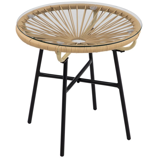 Τραπεζάκι Outsunny Garden PE Rattan and Glass, Στρογγυλό Τραπεζάκι Σαλονιού για Μπαλκόνι και Βεράντα, Ø50x50cm, Μπεζ 867-118V00BG