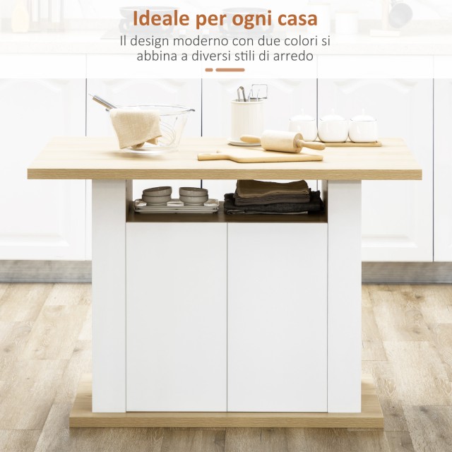 HOMCOM Kitchen Island για 4-6 άτομα με ντουλάπια και ανοιχτά ράφια, σε μοριοσανίδα, 110x70x75,5 cm, λευκό και χρώμα ξύλου 835-892V81AK