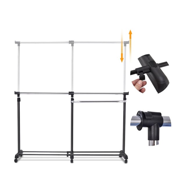 Μεταλλική Διπλή Κρεμάστρα Ρούχων Δαπέδου 91-160 x 43 x 93-168 cm με Ρόδες Costway HW53834