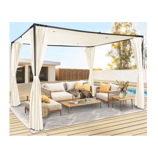 Μεταλλική Πέργκολα Κήπου με Υφασμάτινη Οροφή και Κουρτίνες 3 x 3 x 2.2 m Χρώματος Εκρού Santa Cruz Inkazen 40031294