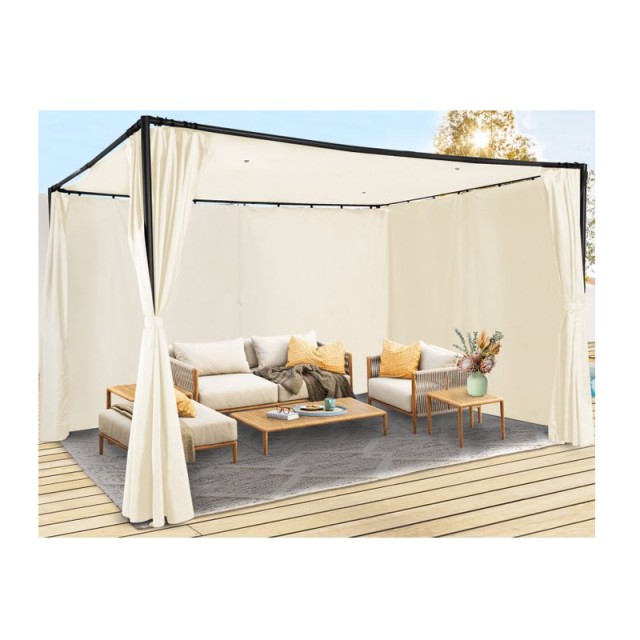 Μεταλλική Πέργκολα Κήπου με Υφασμάτινη Οροφή και Κουρτίνες 3 x 3 x 2.2 m Χρώματος Εκρού Santa Cruz Inkazen 40031294