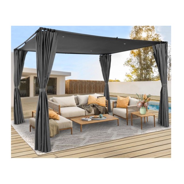 Μεταλλική Πέργκολα Κήπου με Υφασμάτινη Οροφή και Κουρτίνες 3 x 3 x 2.2 m Χρώματος Γκρι Santa Cruz Inkazen 40031293