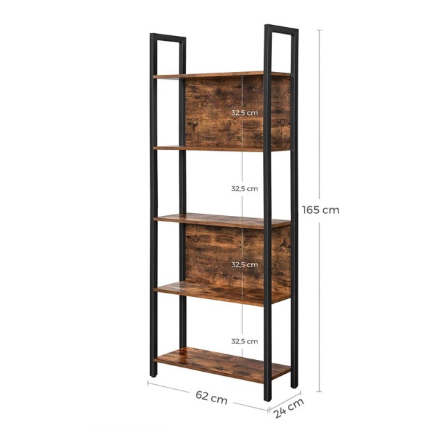 Μεταλλική Βιβλιοθήκη με 5 Ξύλινα Ράφια 62 x 24 x 165 cm VASAGLE LLS025B01V1