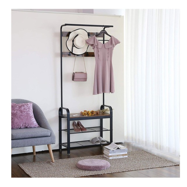 Μεταλλικό Έπιπλο Εισόδου Vintage με 3 Ράφια και 9 Κρεμάστρες 72 x 183 x 33.7 cm Χρώματος Μαύρο Songmics HSR40B