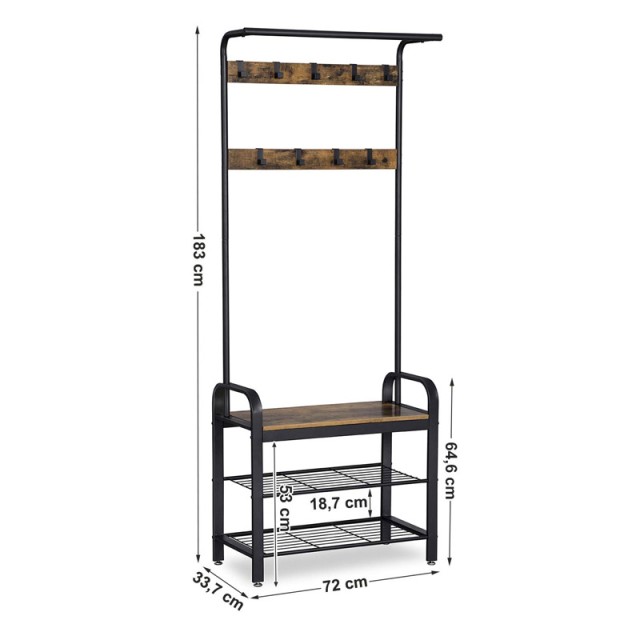 Μεταλλικό Έπιπλο Εισόδου Vintage με 3 Ράφια και 9 Κρεμάστρες 72 x 183 x 33.7 cm Χρώματος Μαύρο Songmics HSR40B