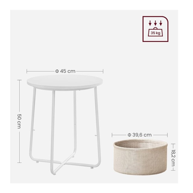 Μεταλλικό Στρογγυλό Βοηθητικό Τραπεζάκι Σαλονιού με Υφασμάτινο Καλάθι 45 x 50 cm Χρώματος Λευκό VASAGLE LET223W10