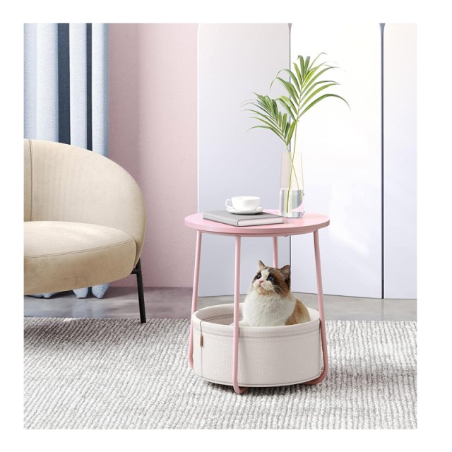 Μεταλλικό Στρογγυλό Βοηθητικό Τραπεζάκι Σαλονιού με Υφασμάτινο Καλάθι 45 x 50 cm Χρώματος Ροζ VASAGLE LET223R61