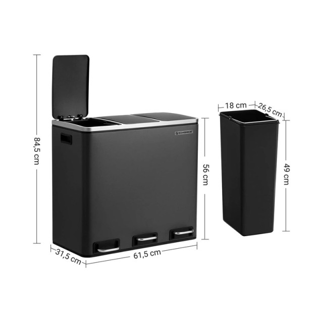 Μεταλλικός Τριπλός Κάδος Απορριμμάτων από Ανοξείδωτο Ατσάλι με 3 Πεντάλ και Σύστημα Soft-Close 54 Lt Χρώματος Μαύρο Songmics LTB54BK