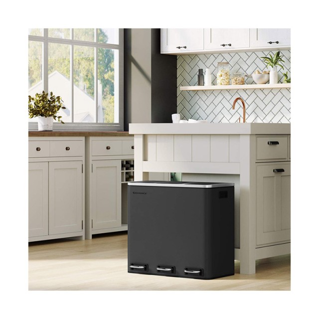 Μεταλλικός Τριπλός Κάδος Απορριμμάτων από Ανοξείδωτο Ατσάλι με 3 Πεντάλ και Σύστημα Soft-Close 54 Lt Χρώματος Μαύρο Songmics LTB54BK
