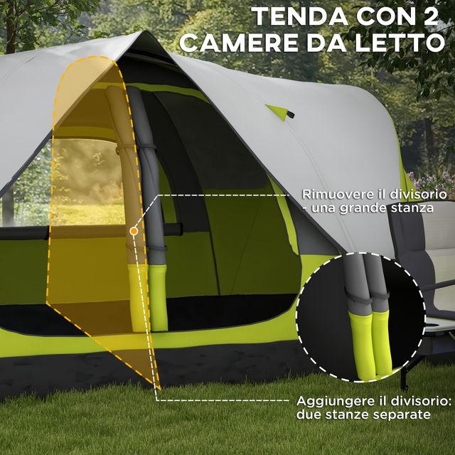 Σκηνή Camping Outsunny 4 ατόμων με 2 Χώρους Χώρους, από Πολυεστέρα και Fiberglass, 450x215Px180 cm, Πράσινο A20-422V00YG
