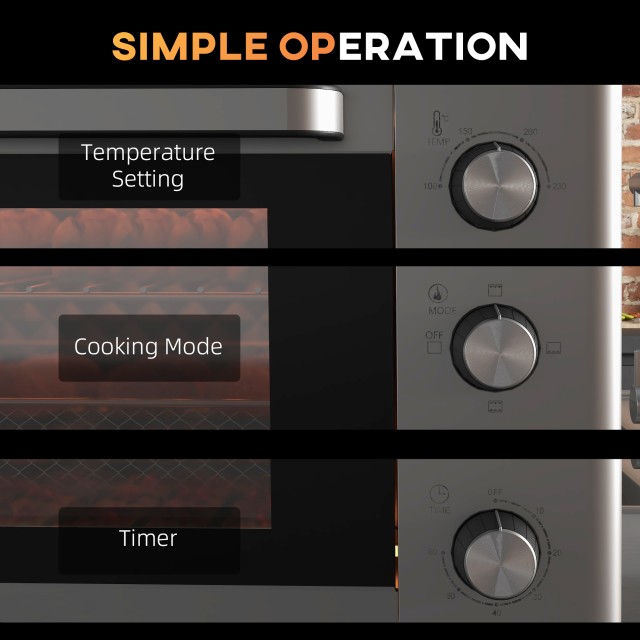 Ηλεκτρικός φούρνος HOMCOM 30L με 3 λειτουργίες μαγειρέματος, ρυθμιζόμενη θερμοκρασία και χρονοδιακόπτη, 1600W, ασημί 800-167V90SR