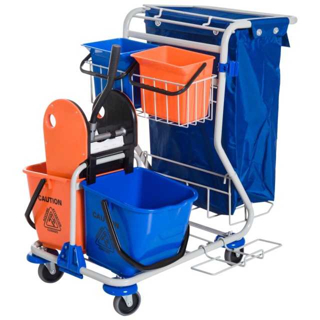 Homcom Professional Cleaning Cart with 4 Buckets 18L / 6L Blue and Orange 720-007
