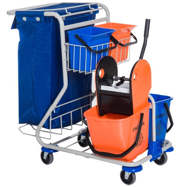 Homcom Professional Cleaning Cart with 4 Buckets 18L / 6L Blue and Orange 720-007