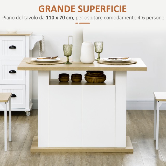 HOMCOM Kitchen Island για 4-6 άτομα με ντουλάπια και ανοιχτά ράφια, σε μοριοσανίδα, 110x70x75,5 cm, λευκό και χρώμα ξύλου 835-892V81AK