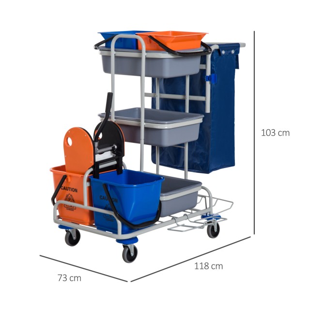 Homcom Professional Cleaning Cart with 4 Bucket Wheels Canvas Bag, Grey 720-006