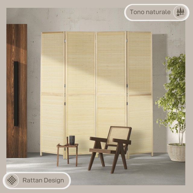 Πτυσσόμενο Εσωτερικό Παραβάν με 4 Πόρτες Rattan Bamboo - 180x1,6x180 cm 830-831V01ND HOMCOM