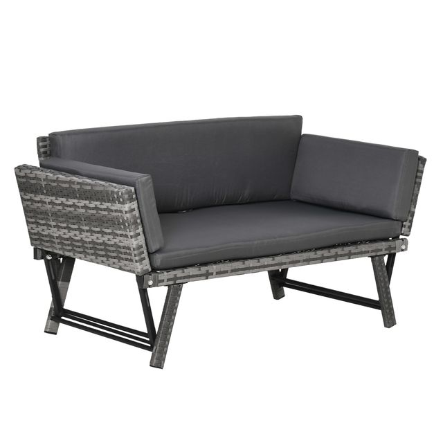 Outsunny 2θέσιος καναπές κήπου σε Rattan με επένδυση και πτυσσόμενα μπράτσα, 129x63x67cm, Γκρι 860-049GY