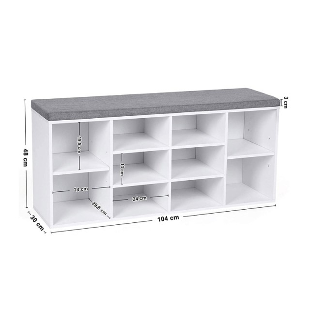 Πάγκος Αποθήκευσης Παπουτσιών με Μαξιλάρι και 10 Διαμερίσματα 104 x 30 x 48 cm Χρώματος Λευκό VASAGLE LHS10WT