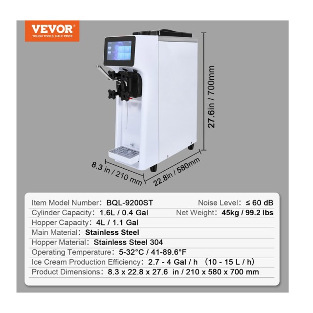 Παγωτομηχανή Soft Παγωτού με Οθόνη Αφής 10 Lt/H 210 x 580 x 700 mm VEVOR TMSRBQLJCKWDNNRZVV2