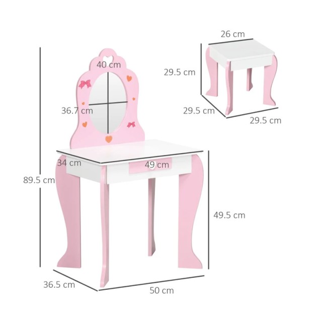 Παιδικό Ξύλινο Μπουντουάρ με Καθρέπτη και Σκαμπό 50 x 36.5 x 89.5 cm ZONEKIZ 316-007V00PK