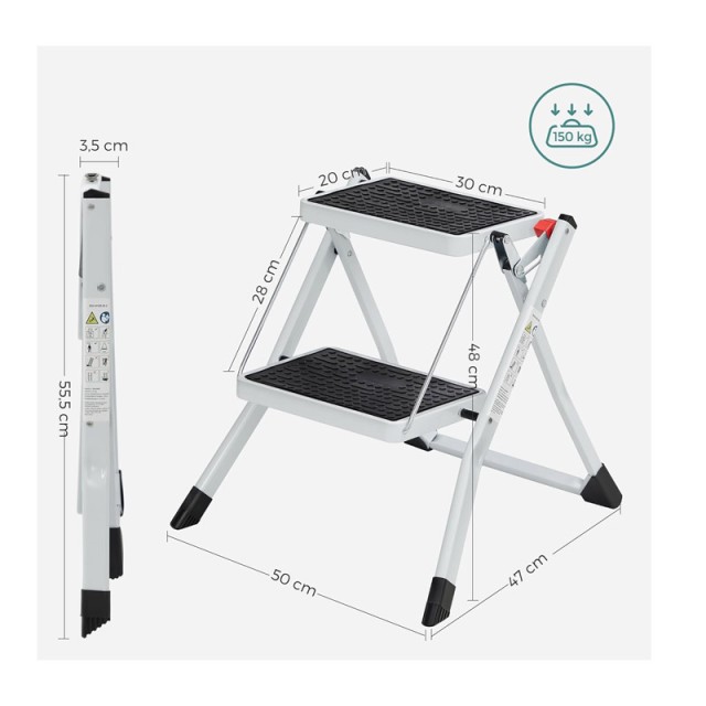 Πτυσσόμενη Σκάλα από Ατσάλι 2 Σκαλιών Χρώματος Λευκό Songmics GSL02WT