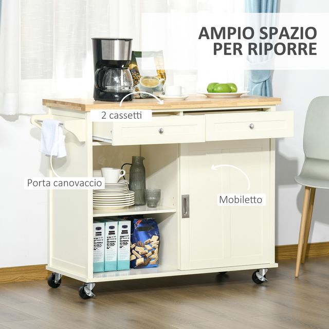 HOMCOM Kitchen Island για σκεύη και αξεσουάρ με συρτάρια, ντουλάπι και κρεμάστρα για πετσέτες, 110x49,5x89,5 cm, Λευκό 801-171