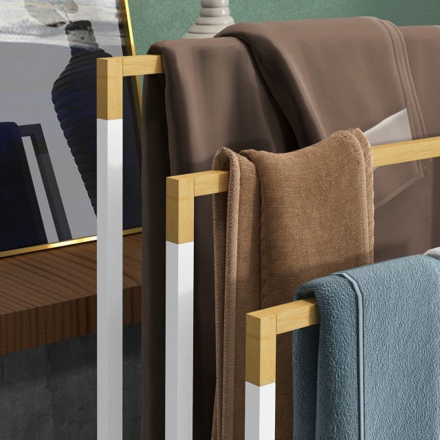 kleankin Ανεξάρτητη κρεμάστρα για πετσέτες με 3 ράβδους από μπαμπού και ατσάλι, 45x22,5x86 cm, λευκό και χρώμα ξύλου 850-270V00WT