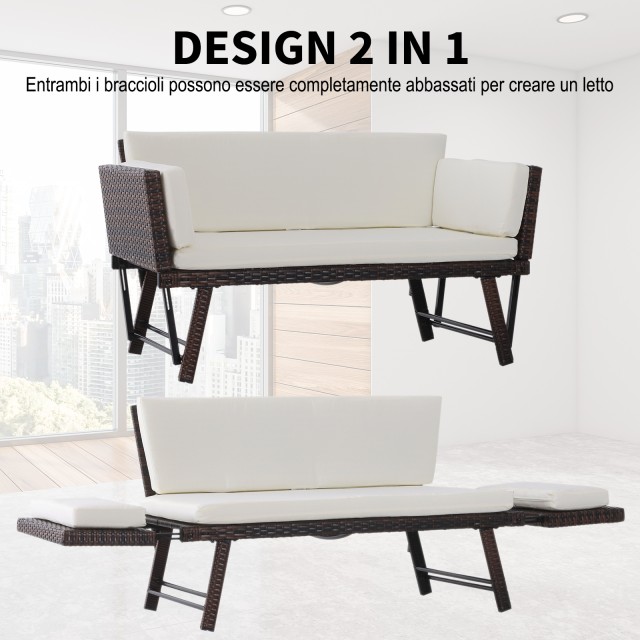 Outsunny 2θέσιος καναπές κήπου που μετατρέπεται σε PE Rattan Lounger, Λευκό, 129x66x67cm 860-049