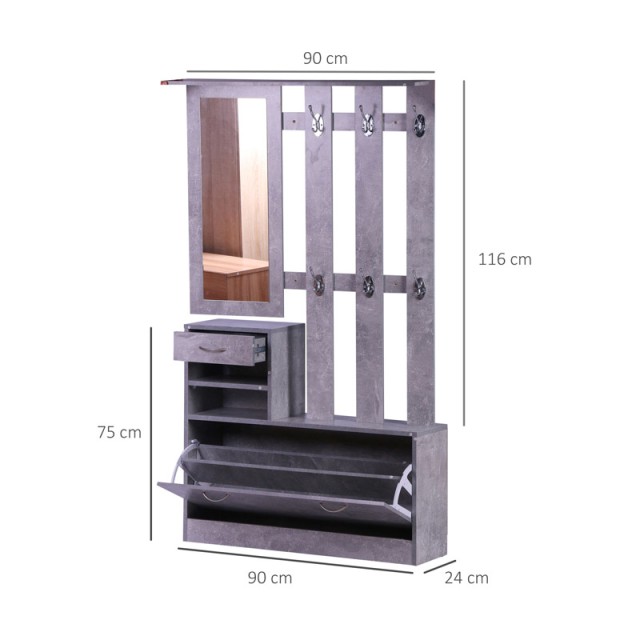 Σετ Ξύλινο Έπιπλο Εισόδου με Καθρέπτη 90 x 24 x 75 cm Χρώματος Γκρι HOMCOM 831-146GY