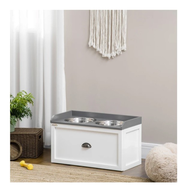 Σετ 2 Ανοξείδωτα Μπολ Γεύματος με Ξύλινο Συρτάρι για Κατοικίδια 60 x 30 x 36 cm PawHut D08-041V00WT