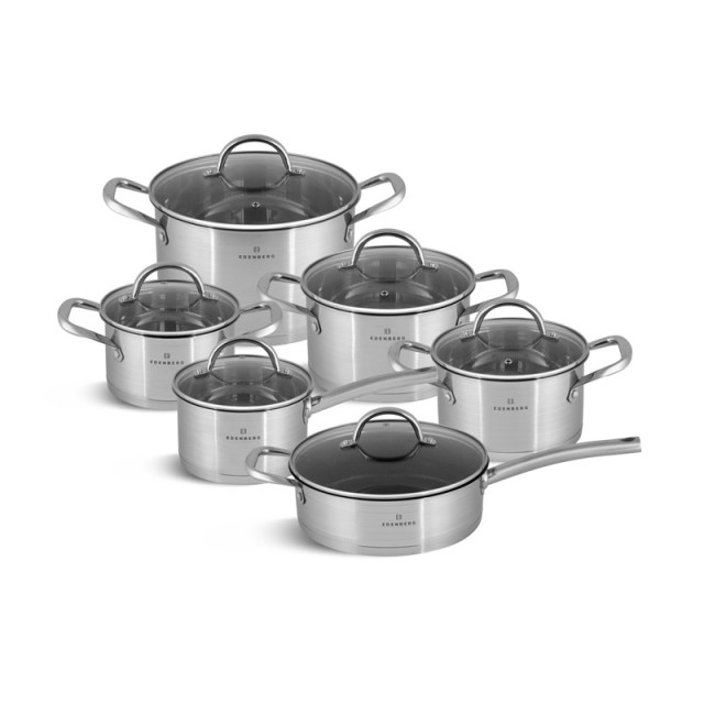 Σετ Μαγειρικών Σκευών από Ανοξείδωτο Ατσάλι 18/10 με Γυάλινα Καπάκια 12 τμχ Edenberg EB-7701