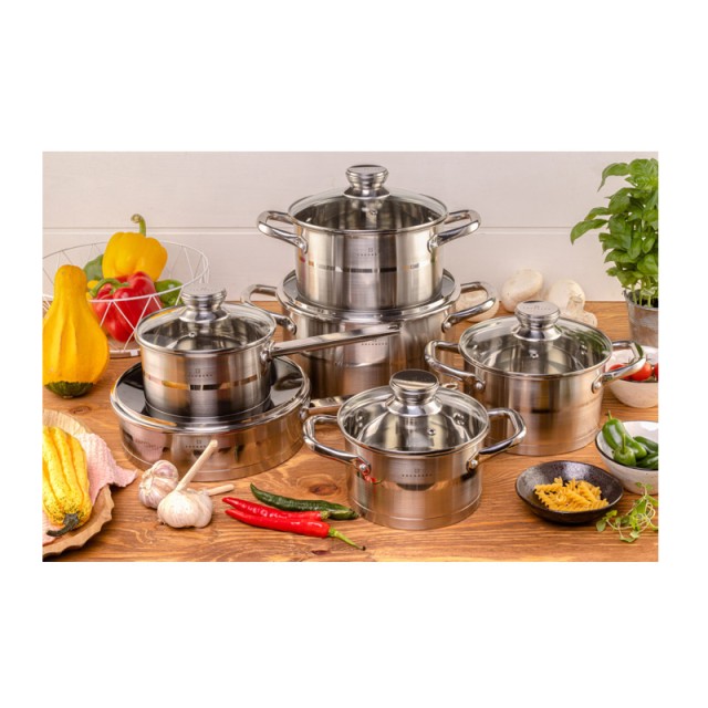 Σετ Μαγειρικών Σκευών από Ανοξείδωτο Ατσάλι με Γυάλινα Καπάκια 12 τμχ Edenberg EB-2401