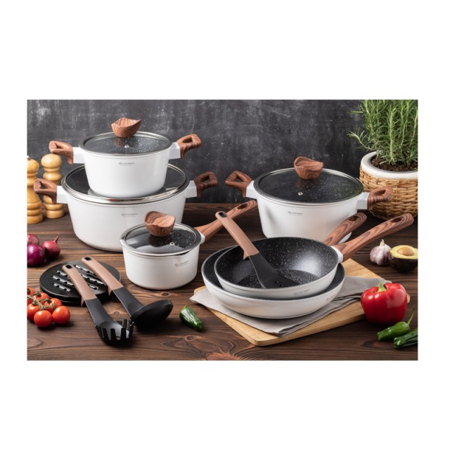 Σετ Μαγειρικών Σκευών με Αντικολλητική Κεραμική Μαρμάρινη Επίστρωση 15 τμχ Χρώματος Λευκό Edenberg EB-5622