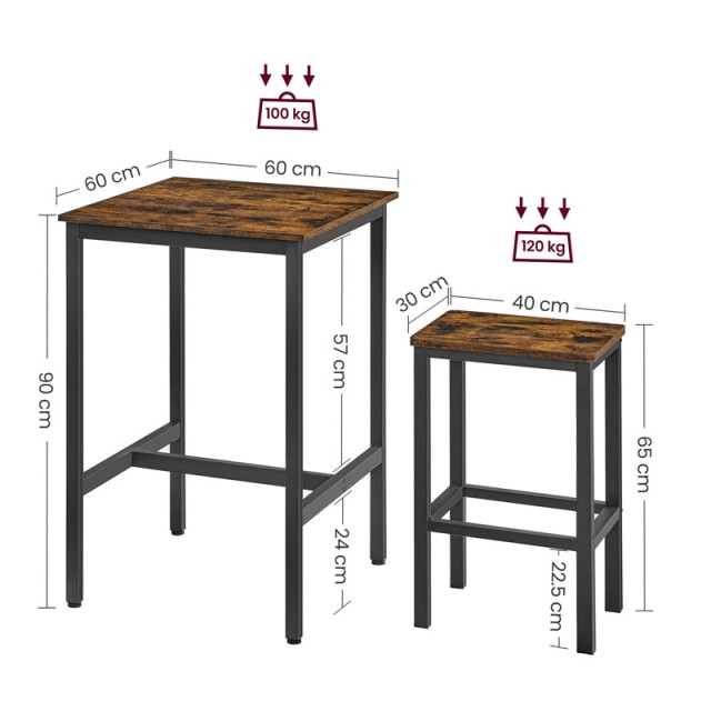 Σετ Μεταλλικό Τετράγωνο Τραπέζι - Bar 60 x 60 x 90 cm με 2 Σκαμπό VASAGLE LBT017B01